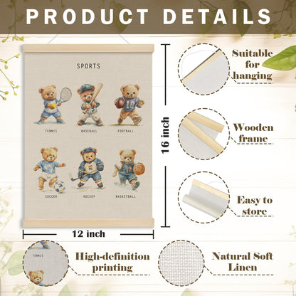 MOTERMATE Bear Sports Poster Hanger Frame, Bear Nursery Wall Hanging Decor Art Framed for Toddlers Kids Boys Room Nursery Playroom, Sports Kids Wall Poster Prints, 12x16 Inch