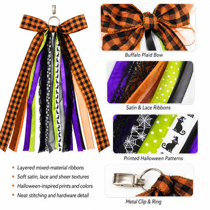 Halloween Wreath Sash Front Door Ribbon Bow Large Orange Black Buffalo Plaid Purple Spider Web Cat Streamer Fall Porch Decoration