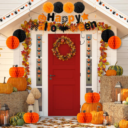 VinTS Happy Halloween Party Decoration,Black Orange Halloween Banner with Hanging Swirls,Circle Confetti Dots,Honeycomb Ball,Tissue Paper PomPoms for Wall Window Indoor Decor