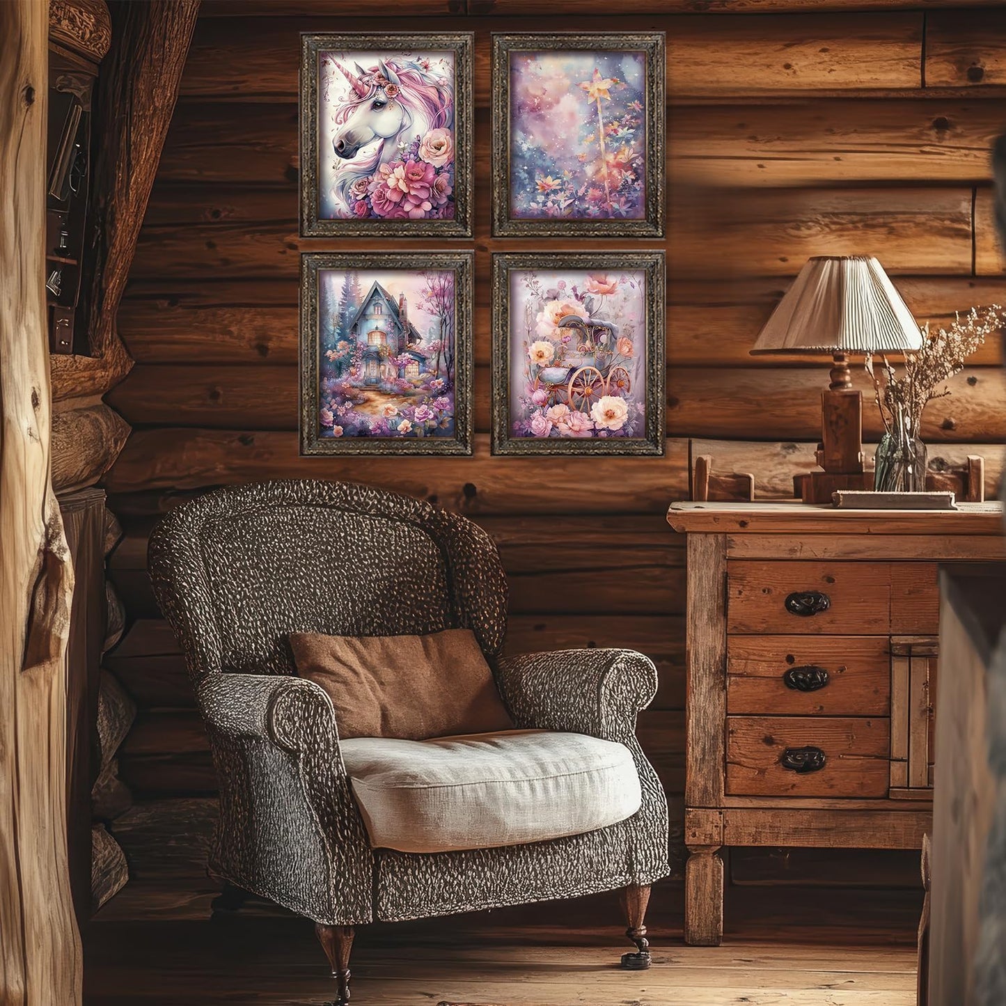 Locomiss Enchanted Forest Fantasy Horse Floral Wall Art Decor, Whimsical Mystical Fairytale Carriage Prints Posters for Girl Nursery Toddler Girls Room Bedroom Wall Decor, Set of 4, 8x10 Unframed