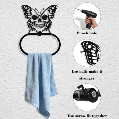LumDecor Black Metal Gothic Skull Butterfly Towel Ring, Goth Witchy Skeleton Wall Hand Towels Holder, Gothic Bathroom & Kitchen Accessories, Wall Hanging Towel Rack Home Decor Gift Indoor Outdoor