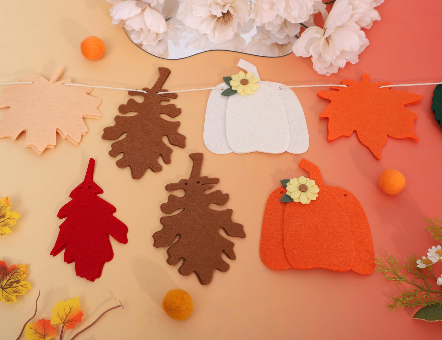 Felt Pumpkin and Leaves Garland – Fall Harvest Banner for Fireplace Mantel, Thanksgiving Party Decorations, Halloween and Autumn Home Decor