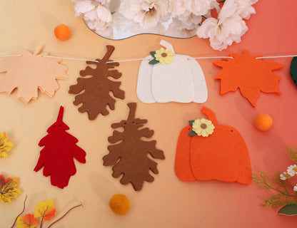 Felt Pumpkin and Leaves Garland – Fall Harvest Banner for Fireplace Mantel, Thanksgiving Party Decorations, Halloween and Autumn Home Decor