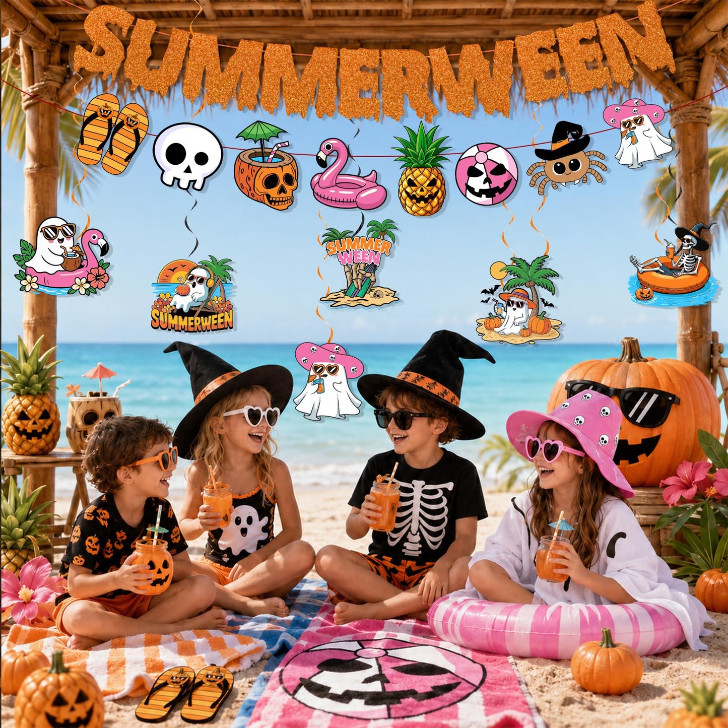 Summerween Decorations, Summer ween Party Supplies with Summerween Banner Garland and Hanging Swirls, Pumpkin Ghost Skull Summer Halloween Decorations for Bearch Pool Decorations