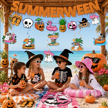 Summerween Decorations, Summer ween Party Supplies with Summerween Banner Garland and Hanging Swirls, Pumpkin Ghost Skull Summer Halloween Decorations for Bearch Pool Decorations