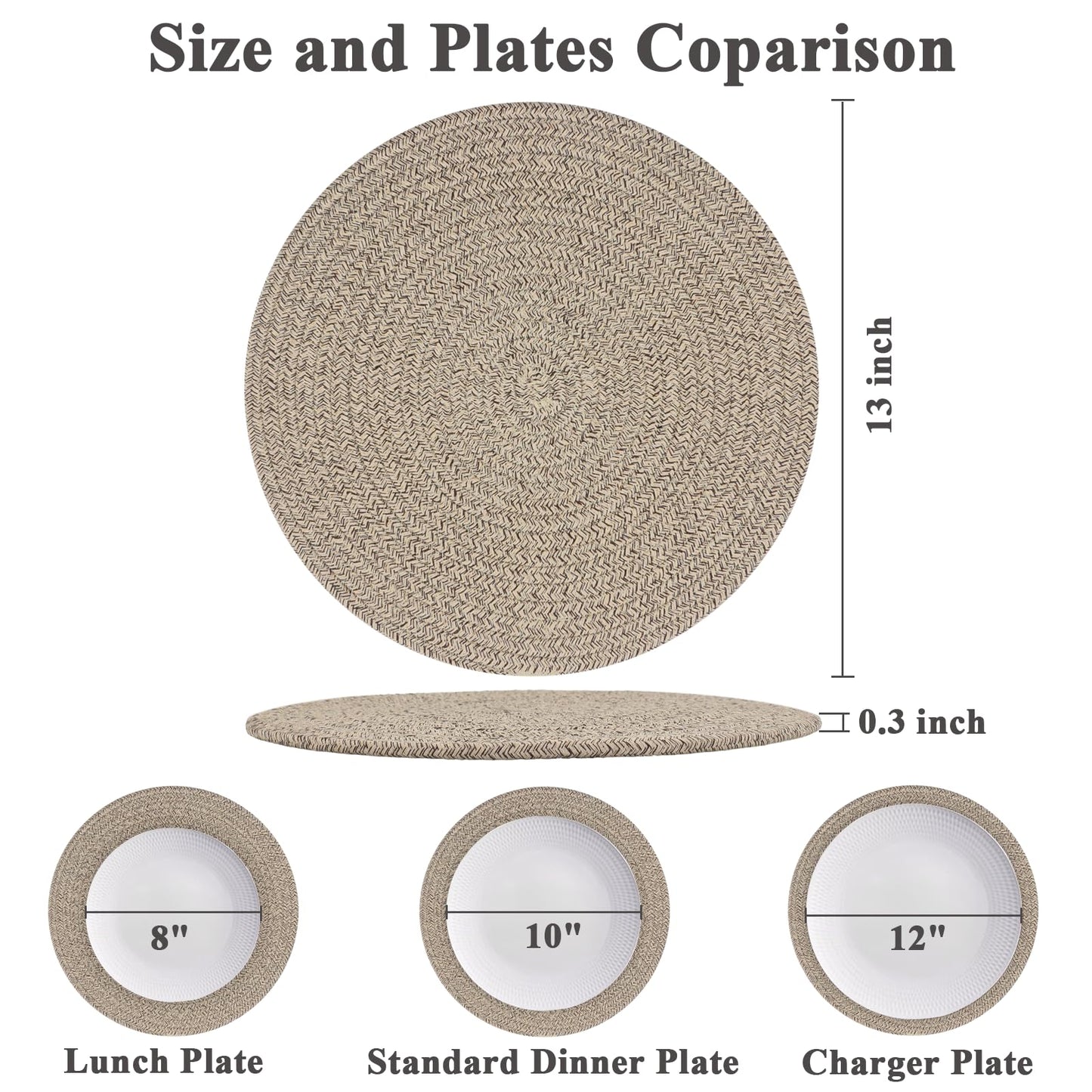 Round Placemats Set of 6, Cotton Rope Woven Table Mats, Hot Pads for Kitchen, Non Slip Heat Resistant Place Mats, 13 Inches Braided Placemat for Farmhouse Decor and Kitchen Table Decor (Brown)