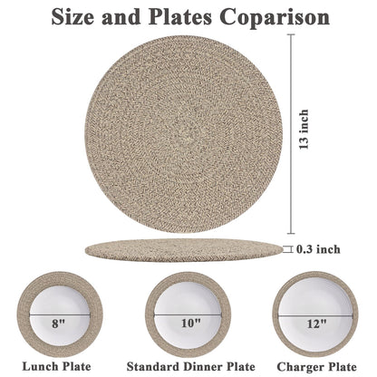 Round Placemats Set of 6, Cotton Rope Woven Table Mats, Hot Pads for Kitchen, Non Slip Heat Resistant Place Mats, 13 Inches Braided Placemat for Farmhouse Decor and Kitchen Table Decor (Brown)