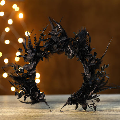 MOSTORY Black Flower Halo Crown - Handmade Gothic Floral Headband with Feather for Women Witch Goth Wedding, Dark Halo Headband for Renaissance Cosplay Photo Shoot