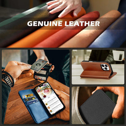 SHIELDON Wallet Case for iPhone 16 Pro 6.3" 2024, Genuine Leather Folio Magnetic Closure RFID Blocking Card Holder Kickstand Full Protection Phone Case Compatible with iPhone 16 Pro - Retro Brown