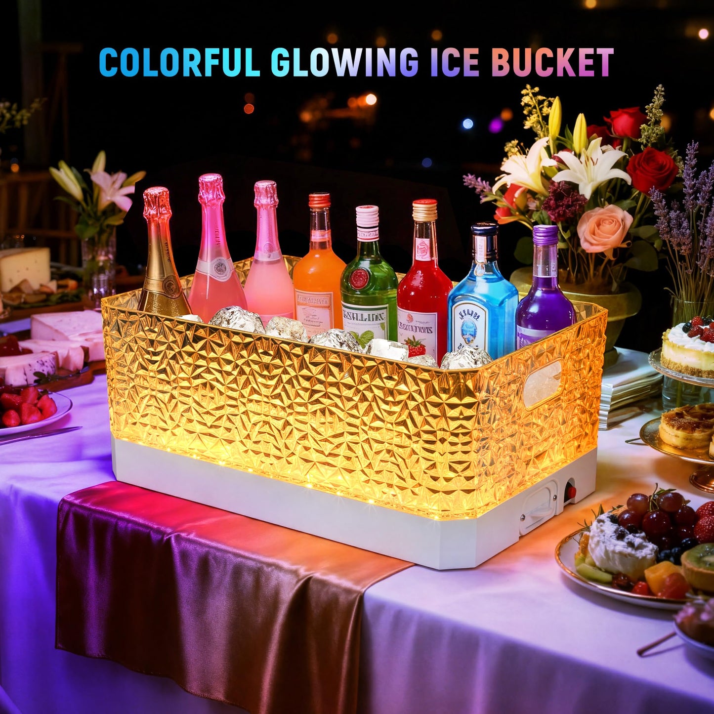 FUNDLEDMI 15L LED Ice Bucket for Parties, Rechargeable 7-Color Changing Light Up Beverage Tub, Clear Acrylic Wine & Champagne Drink Cooler, Leakproof Party Tub for Home Bar & Outdoor Entertaining
