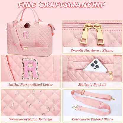 Gifts for Women Teen Girls Birthday Initial Travel Duffle Bag Quilted Weekender Bags Carry-On Overnight with Cosmetic Bag, Gym Bag with Shoe Compartment, Pink-R