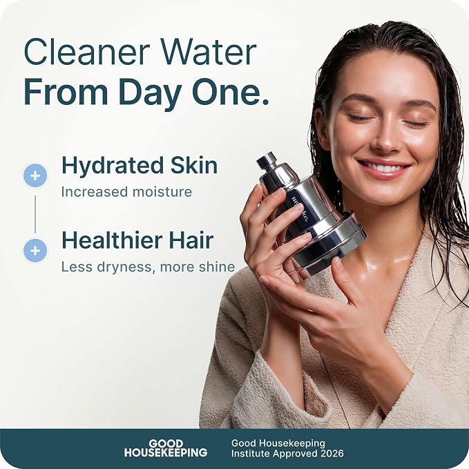 MyHalos® Filtered Shower Head for Hard Water Filter - High Pressure, Removes Chlorine - Shower Head Filter for Hard Water Softener Showerhead, Easy Install, For Hair & Skin, Filtering (Brushed Metal)