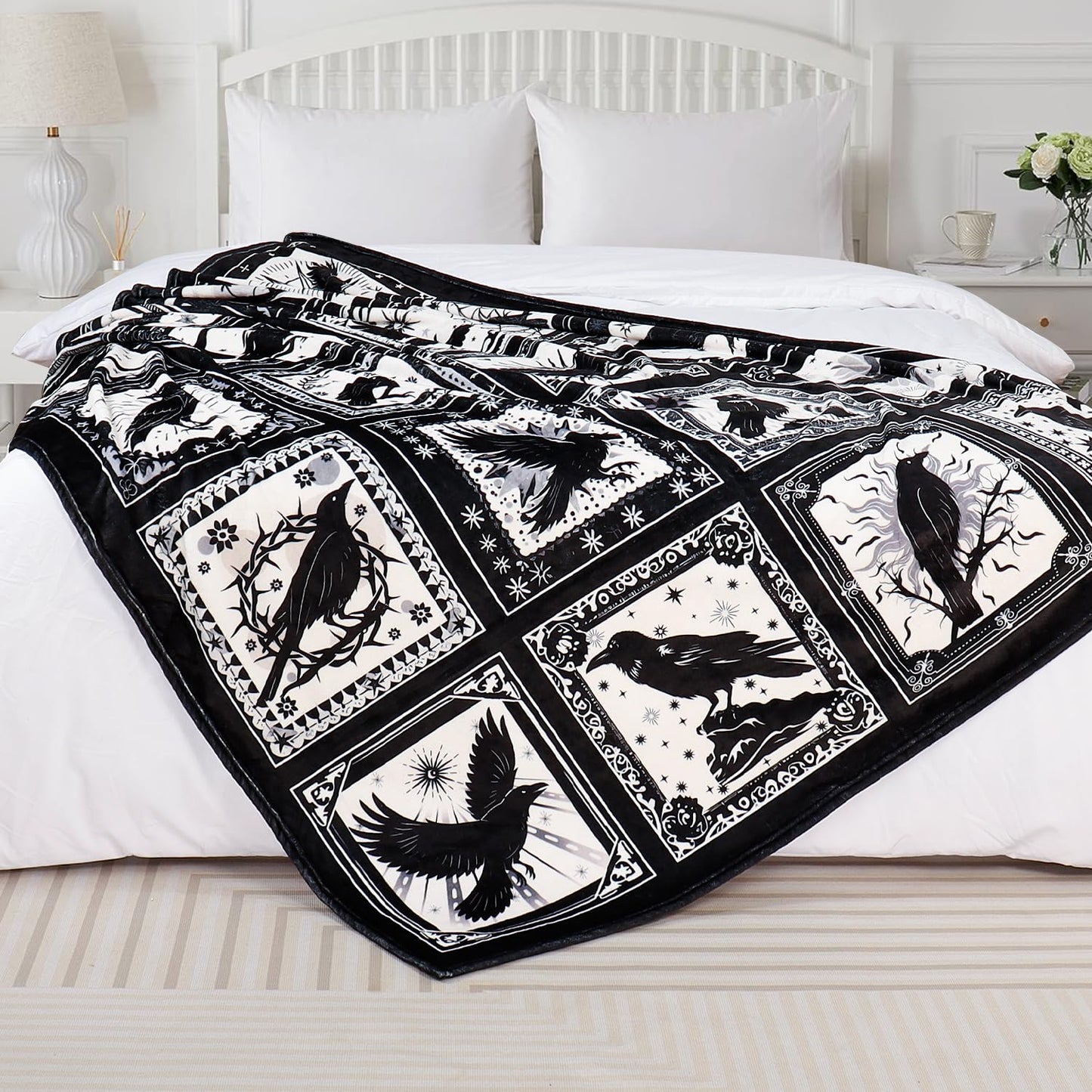Bird Blanket Halloween Black Gothic Throw Blanket Ultra Soft Retro Hummingbird Blankets Raven Crow Throw Bird Lover Gift Bed Cover Cozy Flannel Fuzzy Plush Couch Cover for Sofa 50" X 60"