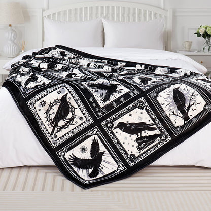 Bird Blanket Halloween Black Gothic Throw Blanket Ultra Soft Retro Hummingbird Blankets Raven Crow Throw Bird Lover Gift Bed Cover Cozy Flannel Fuzzy Plush Couch Cover for Sofa 50" X 60"