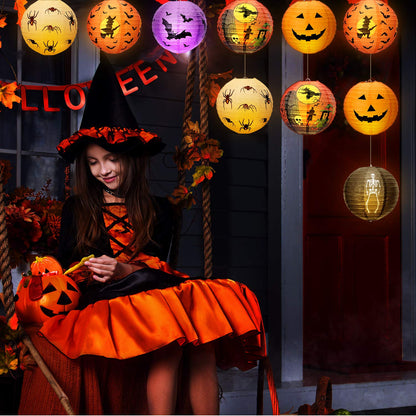 12 Pieces Halloween Paper Lanterns Jack O Lantern Pumpkin Hanging Lanterns Spider Bat Skeleton Lanterns for Halloween Indoor Outdoor Party Decoration Supplies, 8 Inches