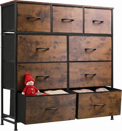 WLIVE 9-Drawer Dresser, Fabric Storage Tower for Bedroom, Hallway, Entryway, Closet, Tall Chest Organizer Unit with Fabric Bins, Steel Frame, Wood Top, Easy Pull Handle, Rustic Brown Wood Grain Print