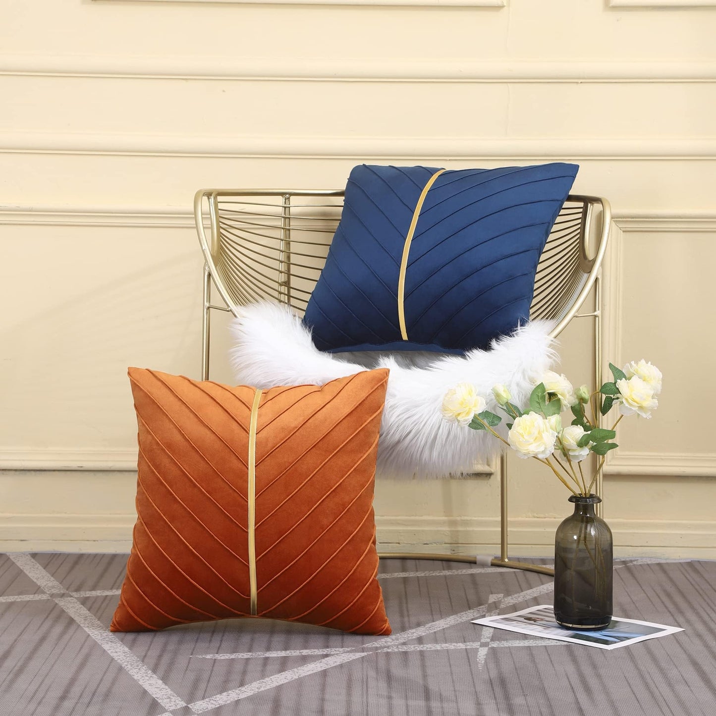 Tosleo Burnt Orange Velvet Throw Pillow Covers 16x16 Pack of 2 with Gold Leather Christmas Decorative Couch Pillowcases Luxury Modern Soft Pillow Cover for Fall Autumn Halloween Thanksgiving Decor