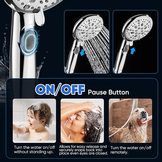 Cobbe 9-Function Shower Head with Built-in Power Spray, 1.8 GPM Water Saving ON/OFF Toggle Switch, High Pressure Handheld Showerhead with 1-Click Pause Button, Brass Bracket & 6ft Hose, Chrome