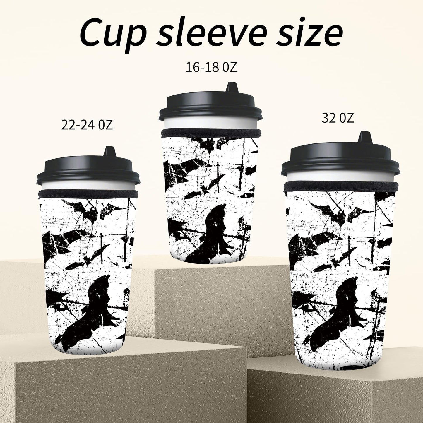 AMZXCFGL 3 Pack Reusable Neoprene Insulator Sleeve for Iced Coffee Cups, Cute Funny Coffee Cup Sleeve, Universal Fit 16-32oz Cups for Hot Cold Beverages Cute Black Bats