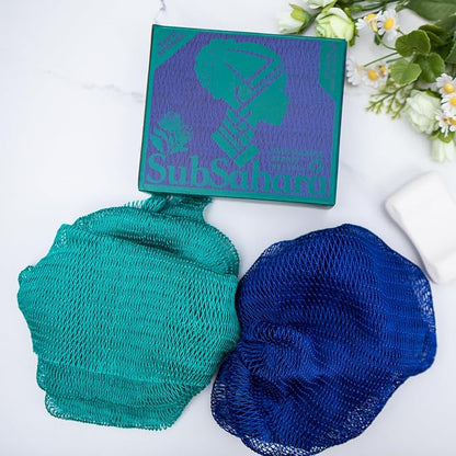 SubSahara Authentic African Net Sponge - 2 Pack Exfoliating Bath & Shower Loofah Sponge for Body & Face, Gentle Scrubber for All Skin Types, Travel, Durable (Dark Blue & Forest Green)