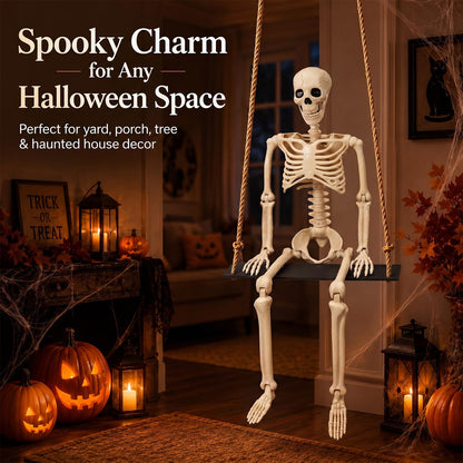 Sintuff Halloween Swinging Skeleton on Swing, Outdoor Swinging Ghost Decor, 35.4" Hanging Skeleton with 13.8" Wooden Seat for Yard, Porch, Tree, Spooky Halloween Decorations