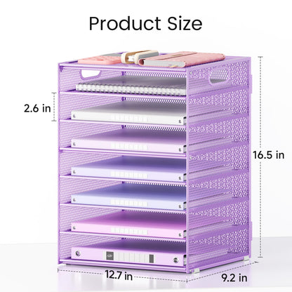 Lavatino 8-Tier Office Desk File Organizer, Letter Tray Paper Organizer with Handle, Including 5 Adjustable Slide Trays for Organizing Desktop Workspace Accessories and Supplies (Purple Metal Mesh)