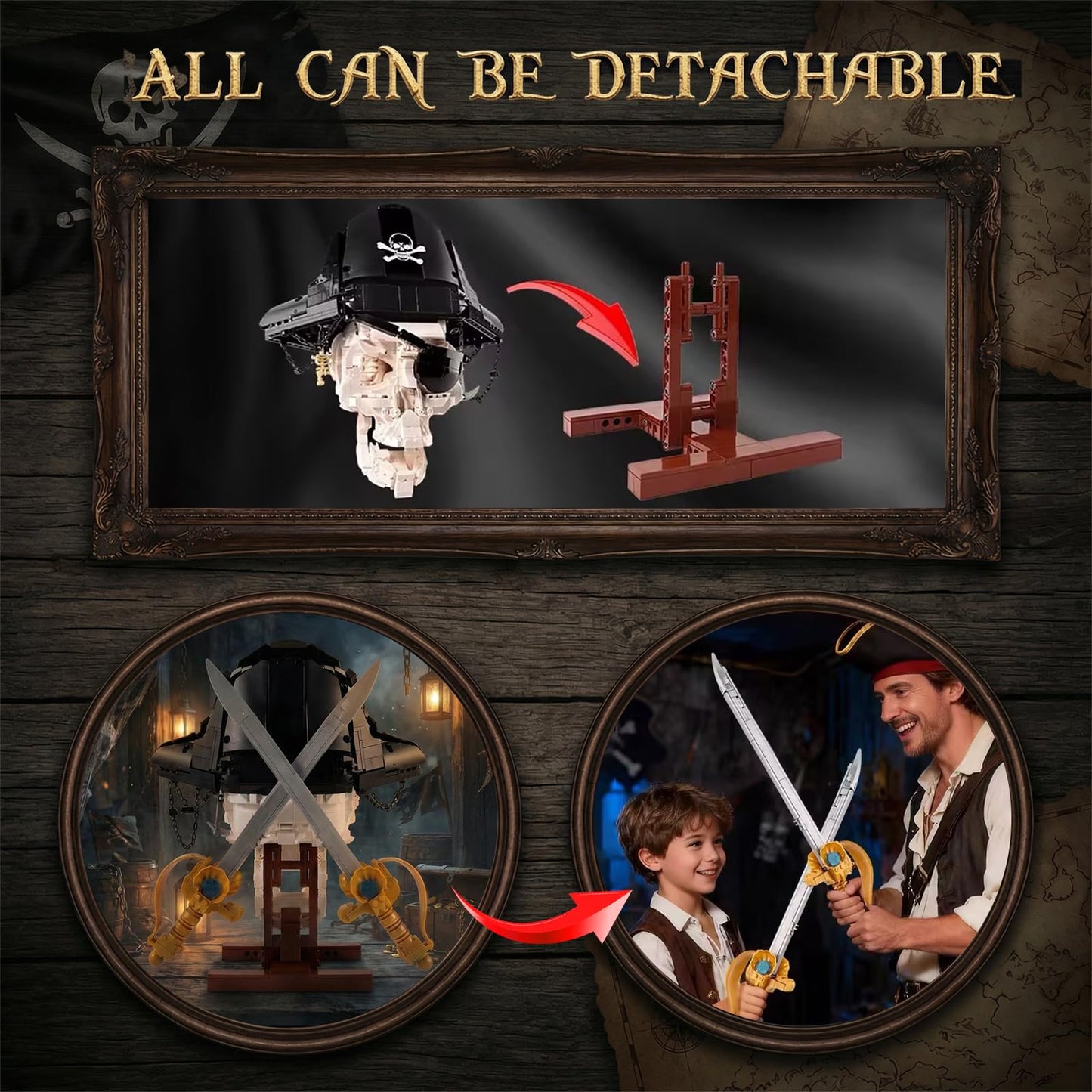 Holexapyd Gothic Pirate Skull Building Set for Adults,Horror Skeleton Head Model with Display Base, Cool Unique Ideal Building Block Sets for Home Table Decor (1167 PCS)