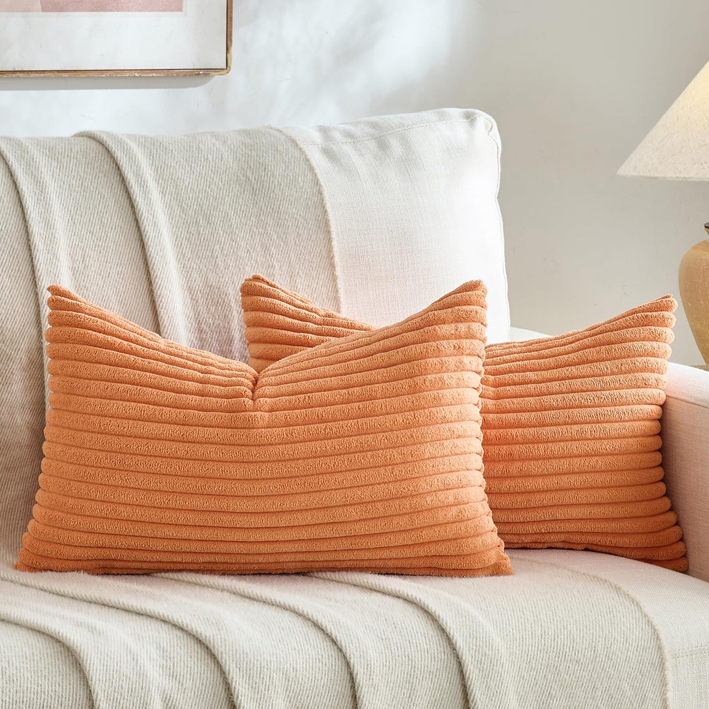 Fancy Homi Set of 2 Orange Fall Lumbar Rectangle Throw Pillow Covers 12x20 Inch for Couch Bed Chair, Autumn Halloween Thanksgiving Gift, Soft Plush Thick Striped Corduroy Aesthetic Home Decor 30x50cm