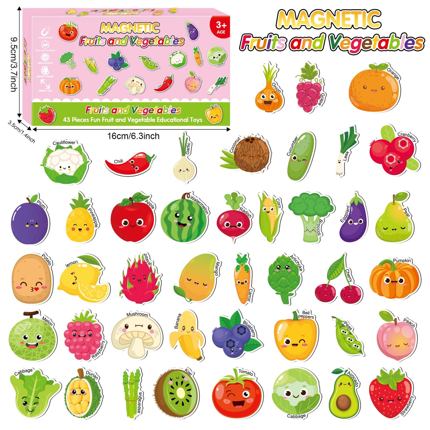 Fecheche Large Size Cute Fridge Magnets for Toddlers, Preschool Spelling Learning Education Refrigerador Magnetic Toy (Fruits Vegetables 43pcs)