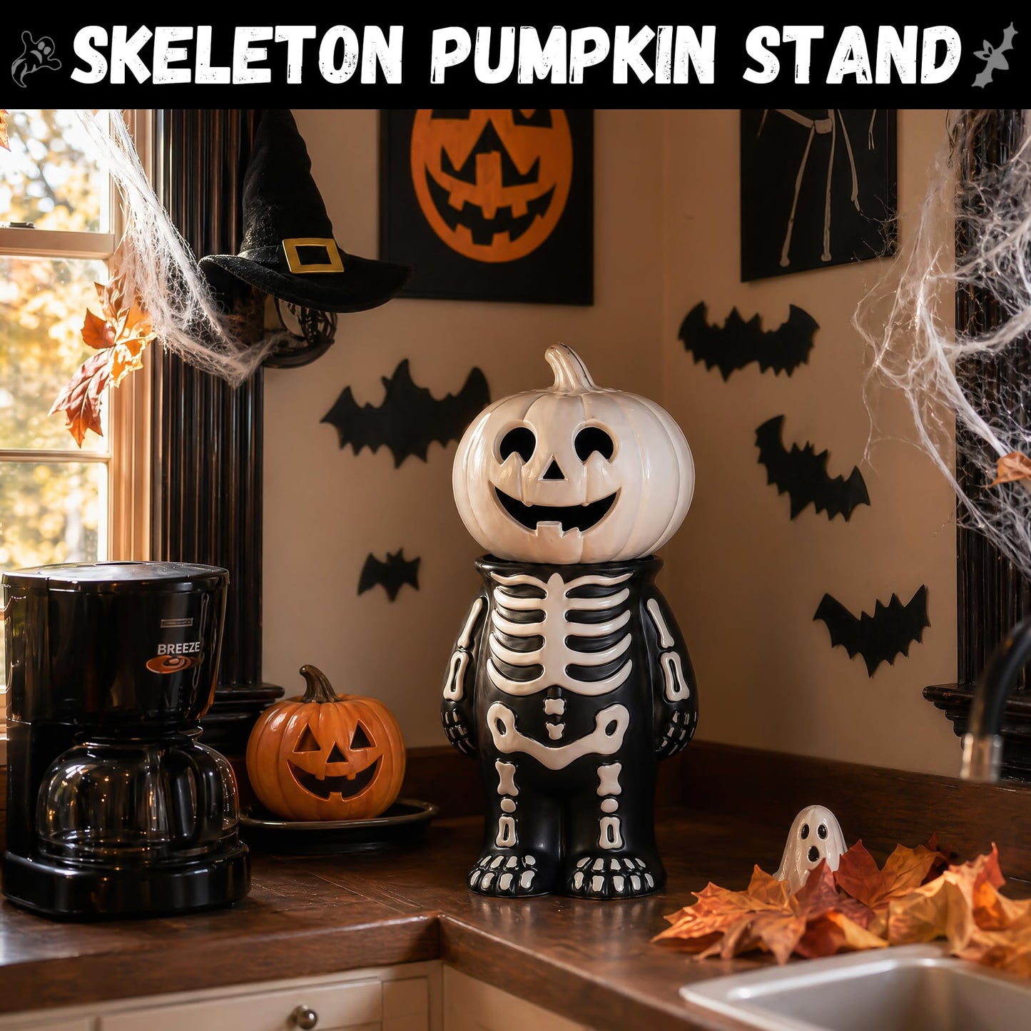Halloween Decorations Skeleton Pumpkin Stand, Black & White Torso Candy Bowl Holder, Blow Mold Pumpkin Display Stand for Cake Carved Pumpkin, Water-proof Indoor Outdoor Halloween Party Table Decor