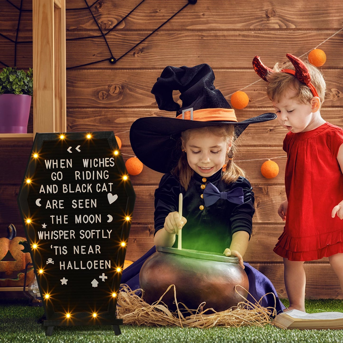 Colarr Coffin Black Felt Letter Board Built in LED Lights with Stand Halloween Decor, 500+ Characters White Precut Halloween Letter Board Home Decor with Linen Storage Bag 16.54 x 10.47 Inch