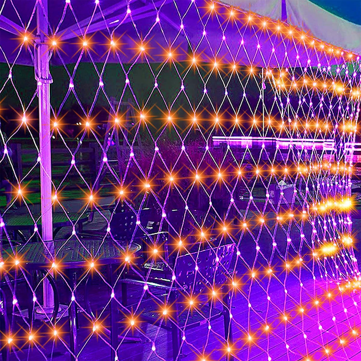 WATERGLIDE Outdoor Halloween Net Lights, 12FT x 5FT 360 LED Fairy String Light with 8 Lighting Modes, Connectable Light Safe Adaptor for Garden Tree Bushes Holiday Party Decorations, Orange & Purple