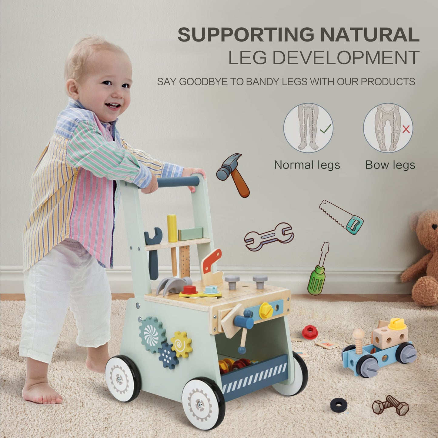 2-in-1 Baby Push Walker - Wooden Push Walker and Tool Toy for Babies - Toddler Learning Activity Walker for Girls Boys 1-3 Years - Educational and Sturdy Construction