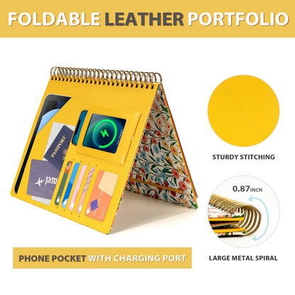 Ospelelf Clipboard with Storage for Men Women, Leather Padfolio Portfolio Organizer 5 Folders with 10 Pockets, Spiral Clipboard Folio with Notepad for Letter Size, Elastic Closure and Pen Loop Floral