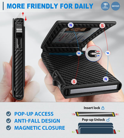 miyozi Wallet for Men, Slim Pop Up Card Holder - RFID Blocking Minimalist Bifold Wallet with ID Window, Holds 9-11 Cards & Stretchable Strap, Metal Flip Case with Magnetic Closure, Gift Box