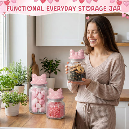 Potchen 3 Set Candy Jars Airtight Glass Cookie Jars with Ceramic Lid Cute Clear Cookie Storage Canister for Spring Summer Baby Shower Party(Bow and Stripes,Pink)