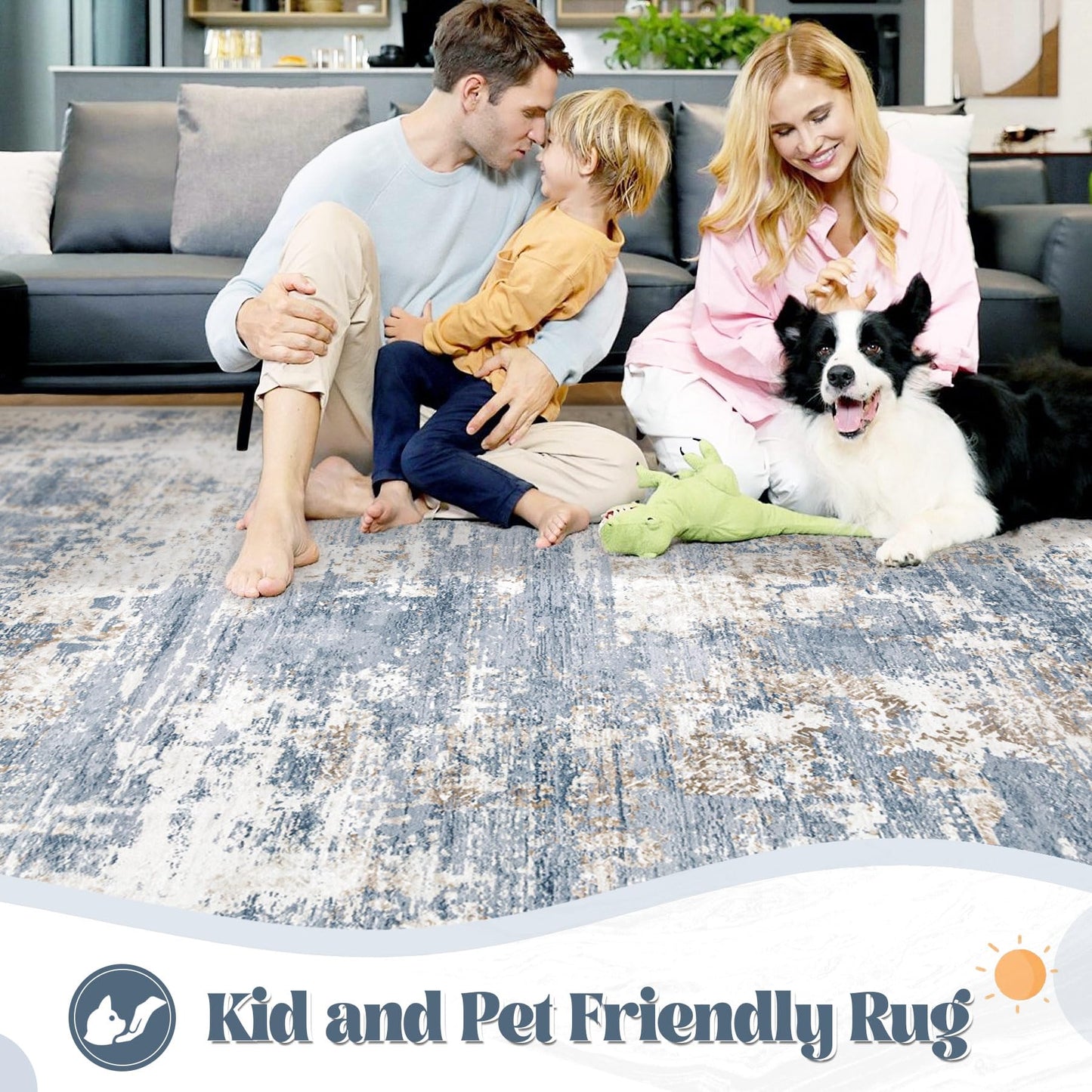 XLUEZ 6x9 Area Rugs for Living Room, Washable Modern Abstract Large Area Rug Neutral Soft Non Slip Kids Rug Stain Resistant Indoor Carpet for Bedroom Nursery Dining Room Playroom(Blue, 6'x9')