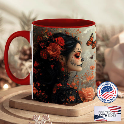 ANOVRA Day of the Dead Lady Mug, Dia de los Muertos Coffee Mug with Orange Rose Face Paint, Gothic Mexican Art Ceramic Cup, Gift for Halloween, Her, Friends, Celebration, 11oz