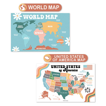 Hadley Designs 4 Alphabet, Map of United States, World Map, & Solar System Posters - Laminated ABC Charts for Toddlers Wall Decor, Retro Posters for Kindergarten, Prek Classroom or Homeschool 11x17