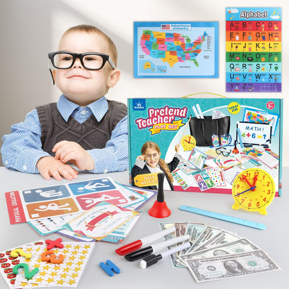 wookidel Pretend Play Teacher Set for Kids with Numbers, Bell, Whiteboard, Learning Clock Over 40 Pieces Included, Pretend Set Toys Gift for Kids Age 5 6 7 8