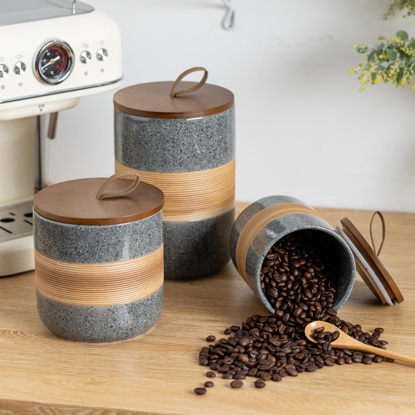 Miamolo Large Storage Containers with Lids, Ceramic Coffee Container Kitchen Food Storage Cookie Jars with Airtight Lid for Spice Sugar Tea Bag, Stackable Decorative Jars for Counter, Grey & 61 fl.oz