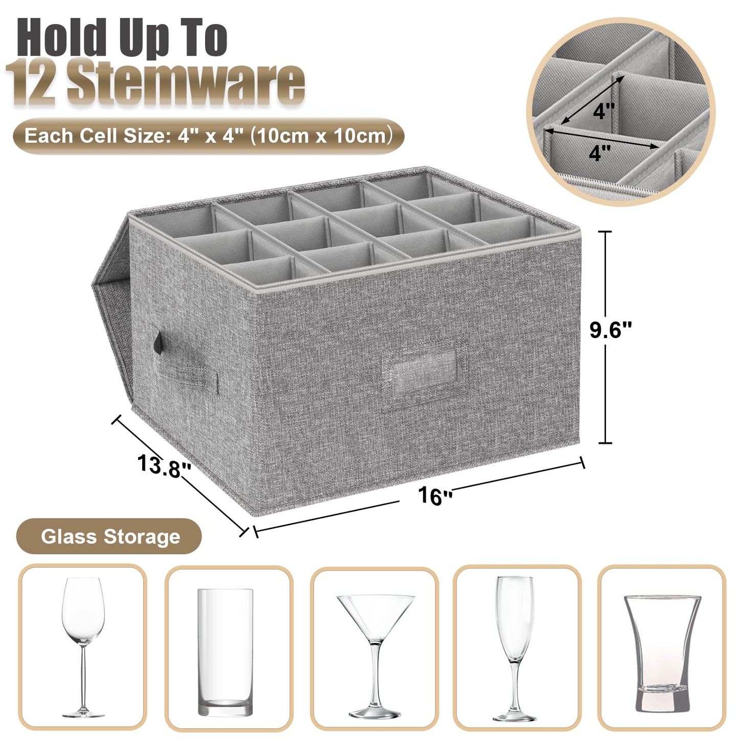 Wine Glass Storage Box with Dividers, 2-Pack Stemware Storage Containers w/Hard Shell Top Sides Bottom, Stackable Moving Boxes w/ Sturdy Handles for 24 Glassware Crystal Glasses Drinkware, 9.2'' Tall