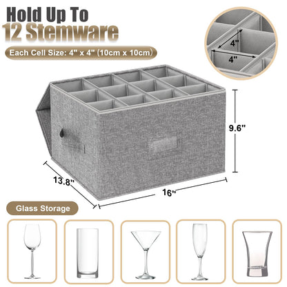 Wine Glass Storage Box with Dividers, 2-Pack Stemware Storage Containers w/Hard Shell Top Sides Bottom, Stackable Moving Boxes w/ Sturdy Handles for 24 Glassware Crystal Glasses Drinkware, 9.2'' Tall