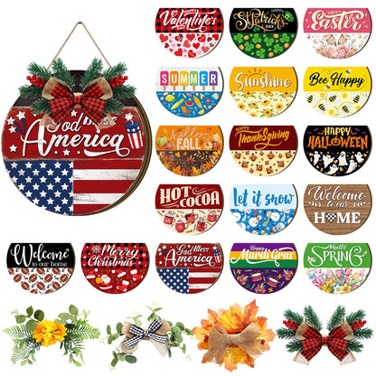 Vicenpal 22 Pcs Interchangeable Welcome Sign for Front Door with 17 Magnetic Icon Wooden Seasonal Front Porch Door Decor with 4 Seasonal Wreath for Holiday Halloween Christmas Gift(Black,Stylish)