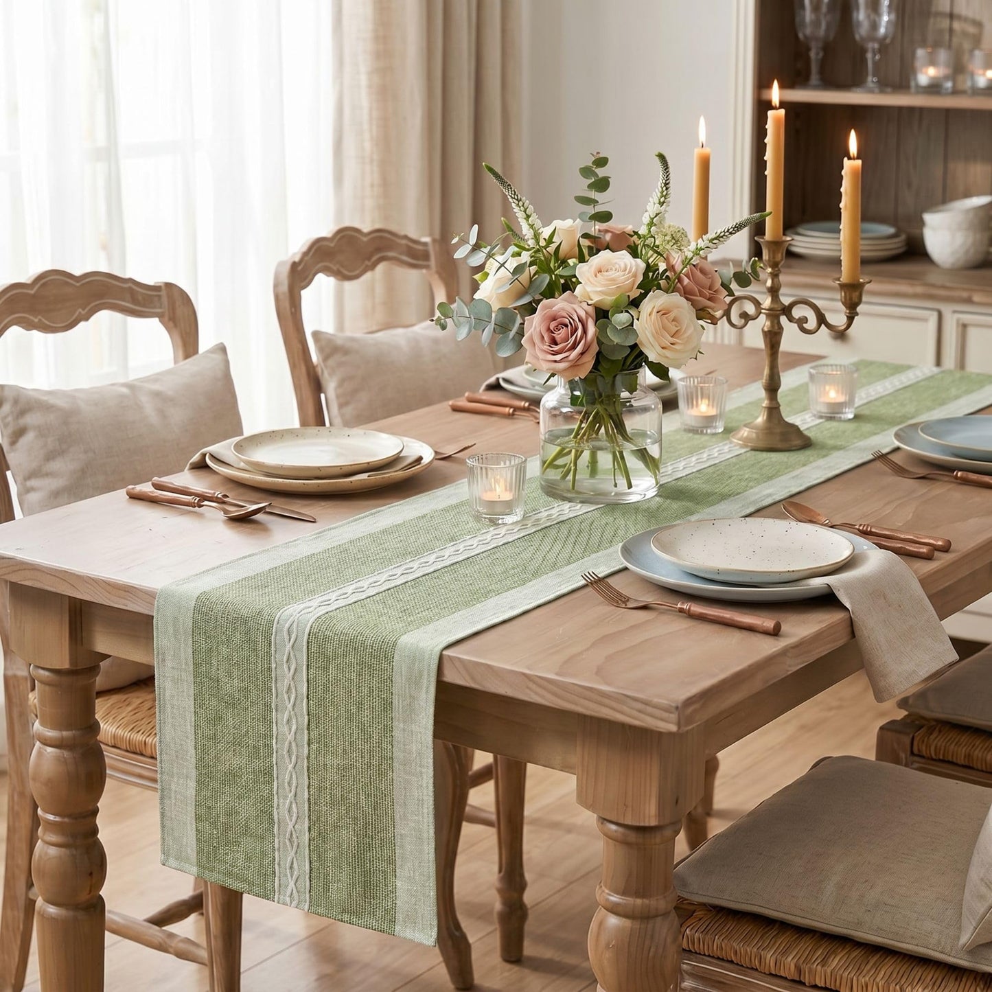 Artoid Mode Dark Green Braided Striped Rustic Chenille Table Runner, Seasonal Spring Embroidered Kitchen Dining Table Decoration for Home Party Decor 13x72 Inch