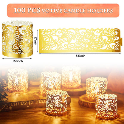 Tealight Votive Wrap Votive Candle Holders Laser Cutting Paper Candle Holder for Table LED Tealight Decor Party Wedding (Gold,100 Pieces)