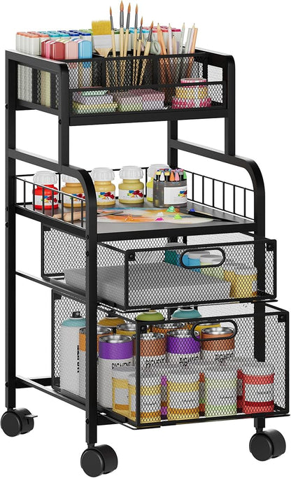 SWTYMIKI Rolling Cart with Drawers - Metal Craft Cart with Wheels, DIY Divider and Wood Shelf, Art Supply Organizer for Under Desk Storage, Utility Storage Cart for Home Office Studio, Black