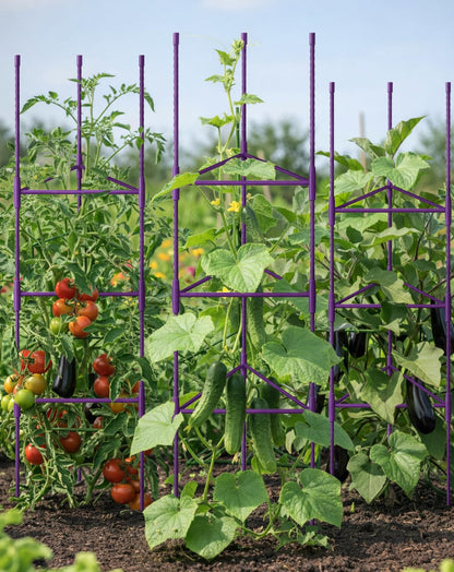 Growsun 51 inch Tomato Cage Heavy-Duty Plant Support Cucumber & Vine Vegetables – Adjustable Purple Metal Garden Trellis for Climbing Plants, Indoor & Outdoor Use, 6 Pack