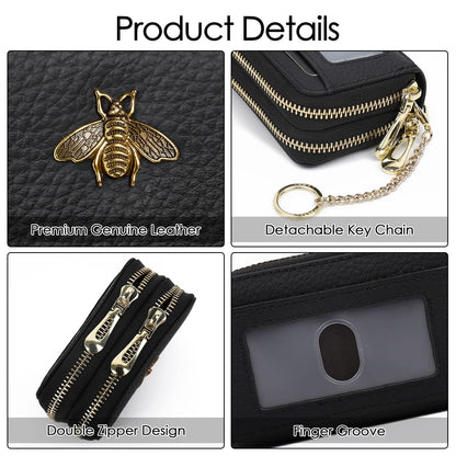 imeetu RFID Credit Card Holder, Small Leather Double Zipper Card Case Wallet for Women (Max,Black)
