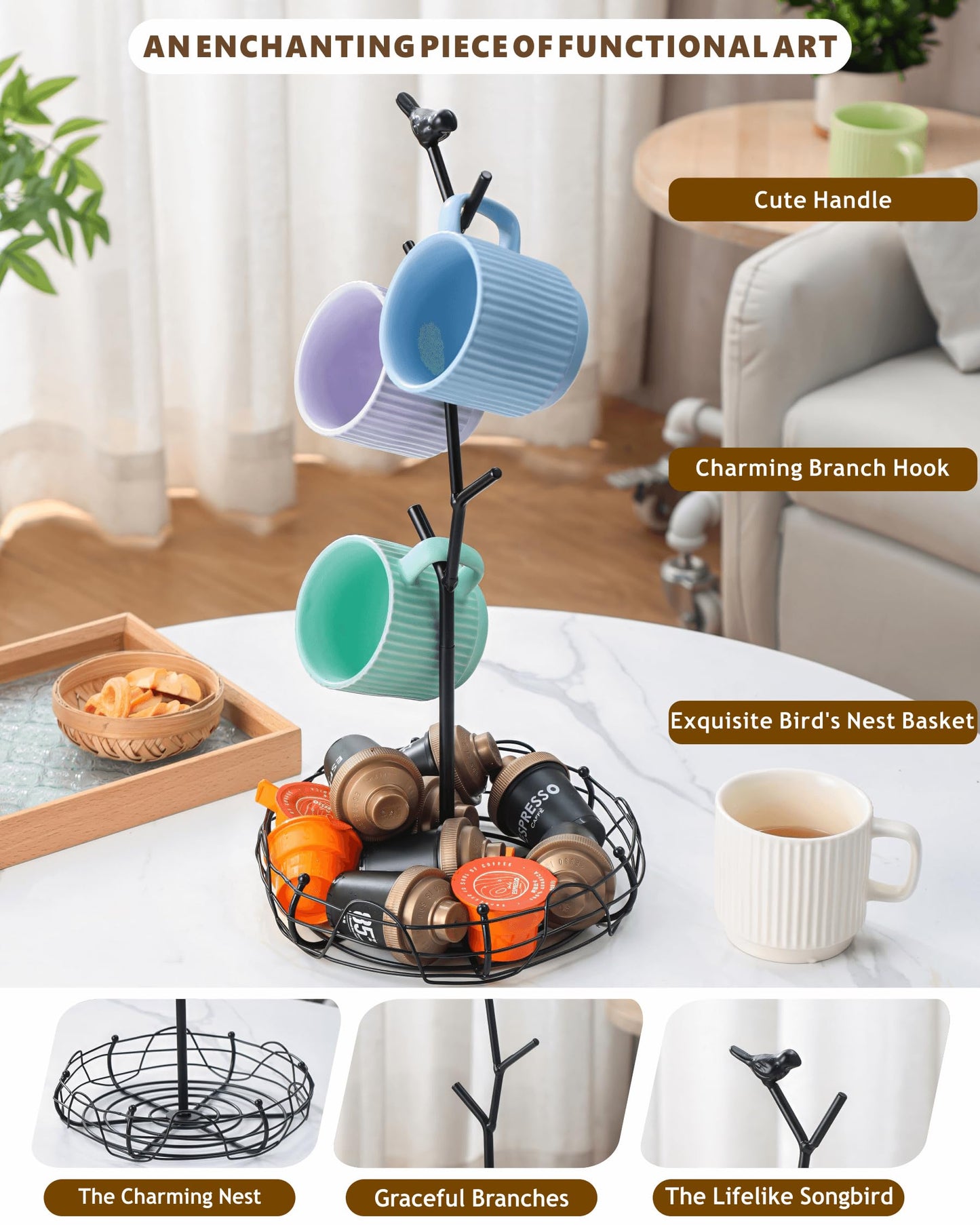 Ouseen Coffee Mug Holder for Countertop, Mug Tree with Bird's Nest Storage Basket, Holds 4 Large Mugs (20oz Compatible), Whimsical Kitchen Decor, Coffee Bar Accessories (Black)